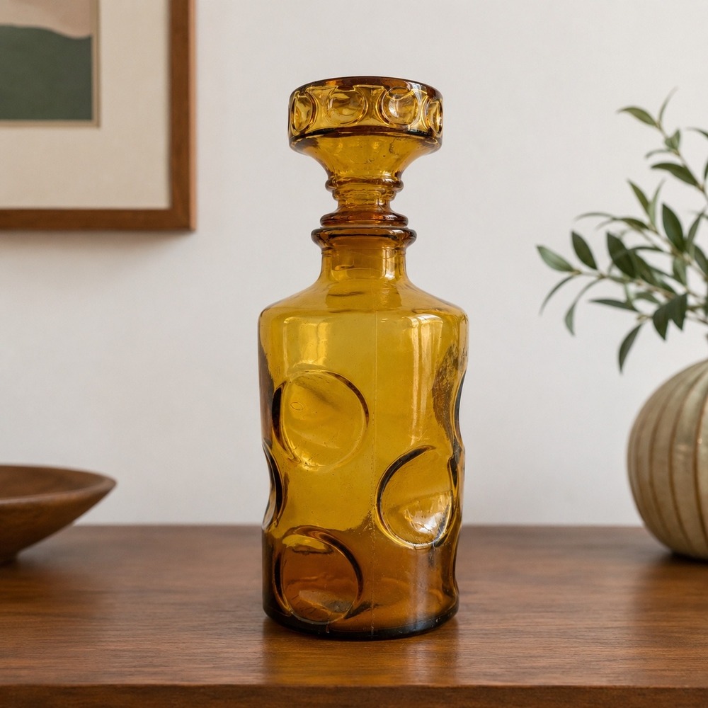 Empoli Amber Embossed Circle Glass Decanter‎ Original Stopper Italy